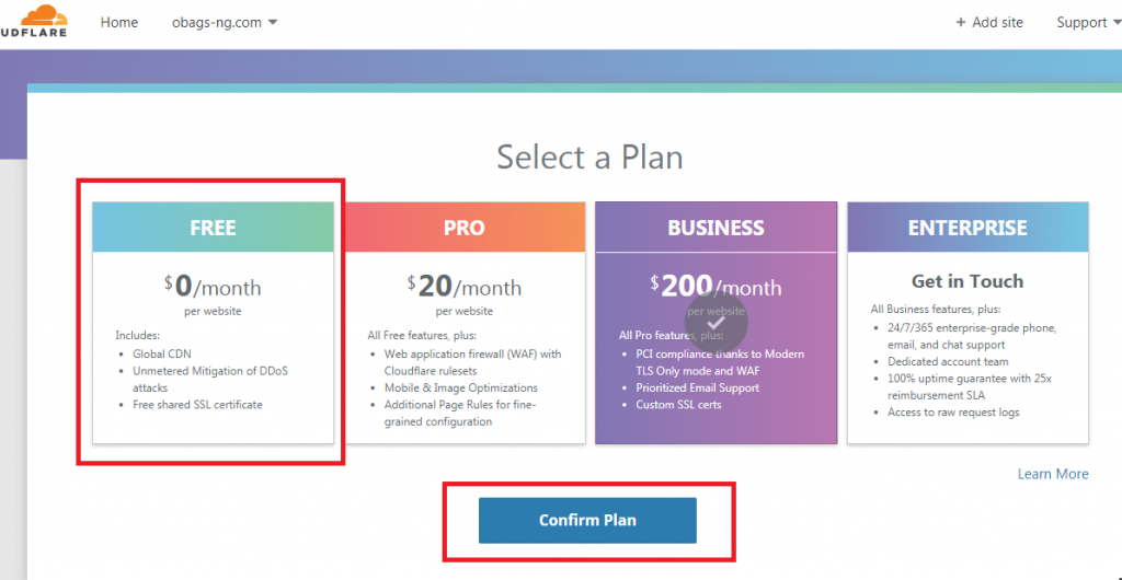 select cloudflare free plan