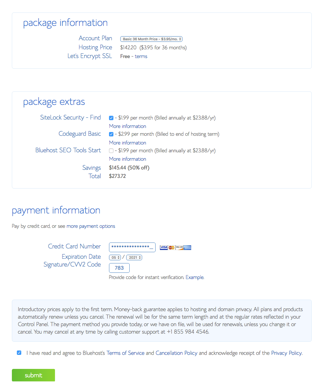 Blue hosting package signup