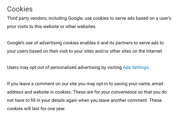 Cookie section on my client site