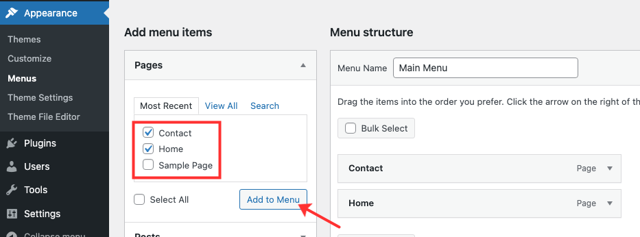 Add Home and Contact pages to your Menu