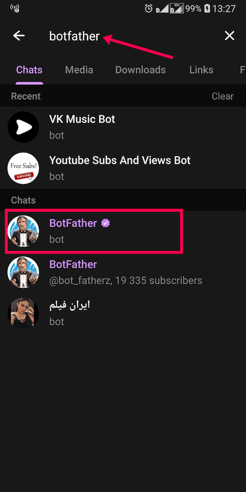 search for Botfather and select the verified account