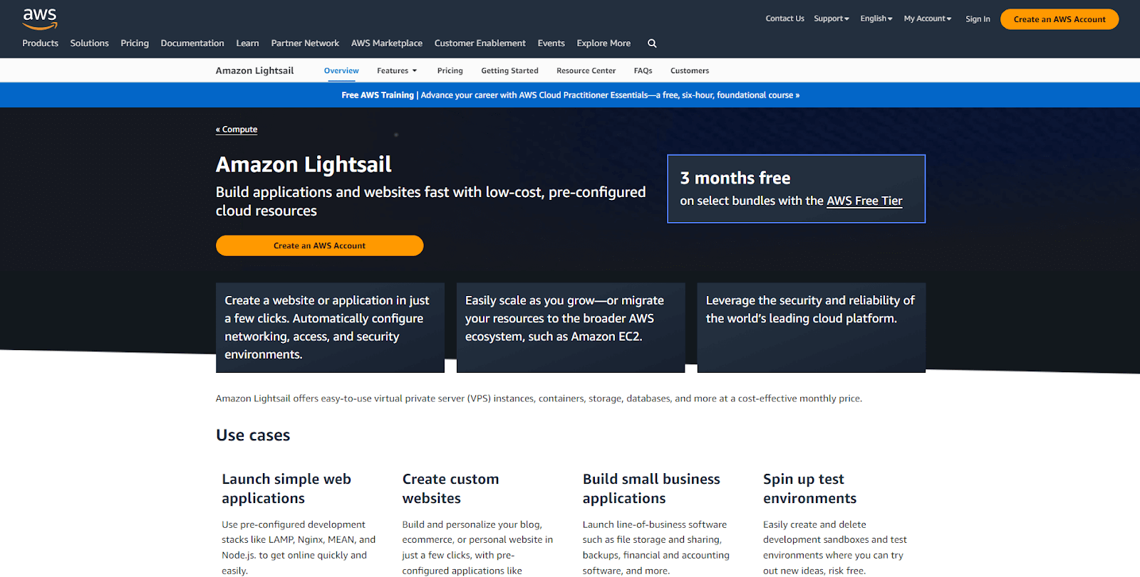 Amazon Lightsail homepage