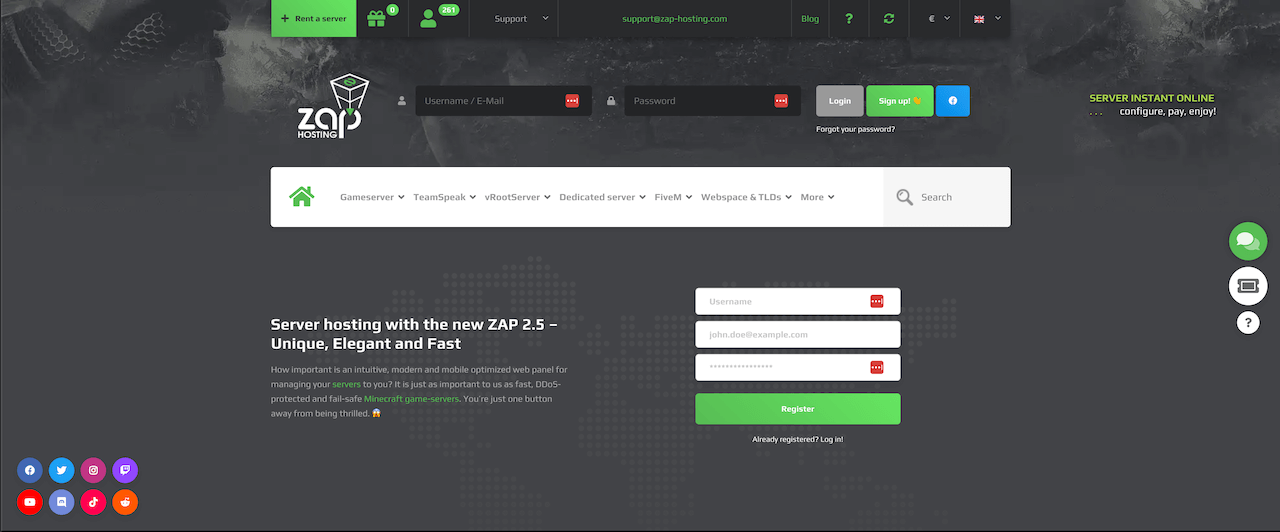 Zap-Hosting homepage