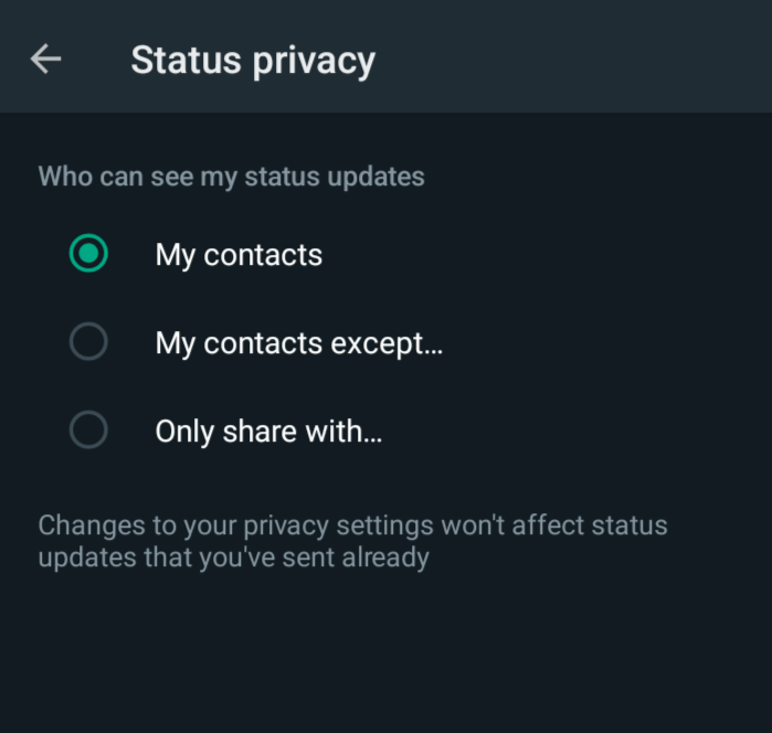 Status privacy set to My contacts except