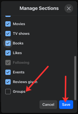 Uncheck Groups to hide from profile