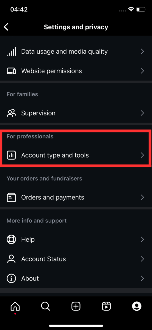 instagram account type and tools settings