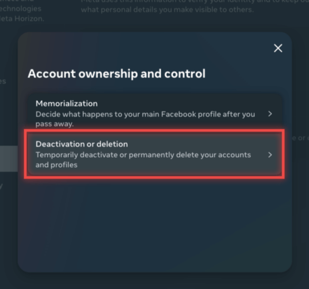 Account ownership and control Facebook
