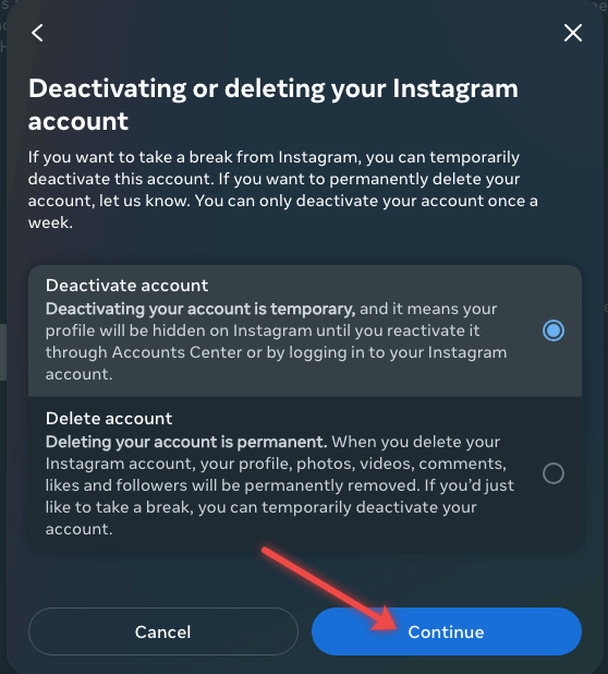 Confirmation page to deactivate Instagram using Facebook