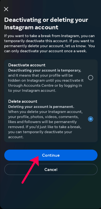 select continue to Delete account