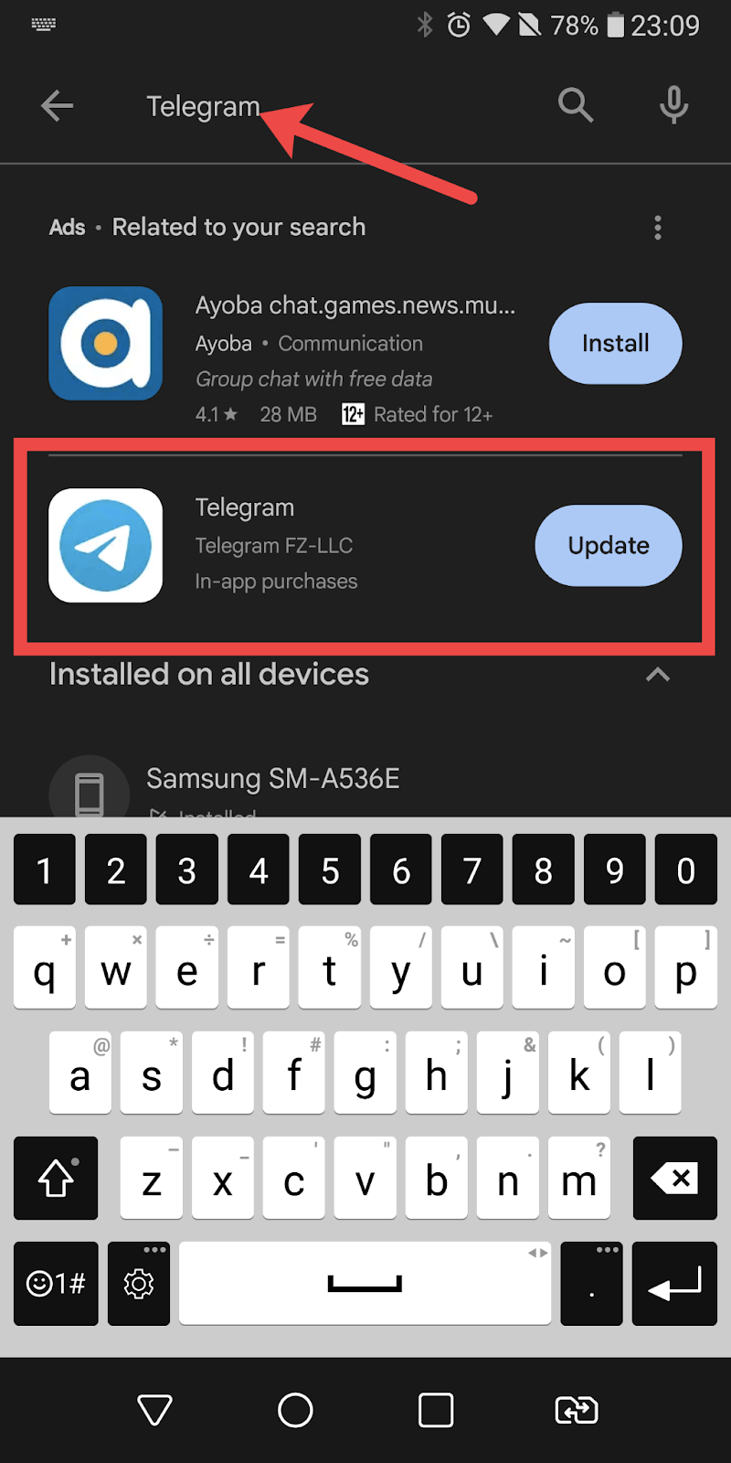 search for telegram in the Google play store