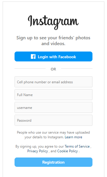 Instagram signup page