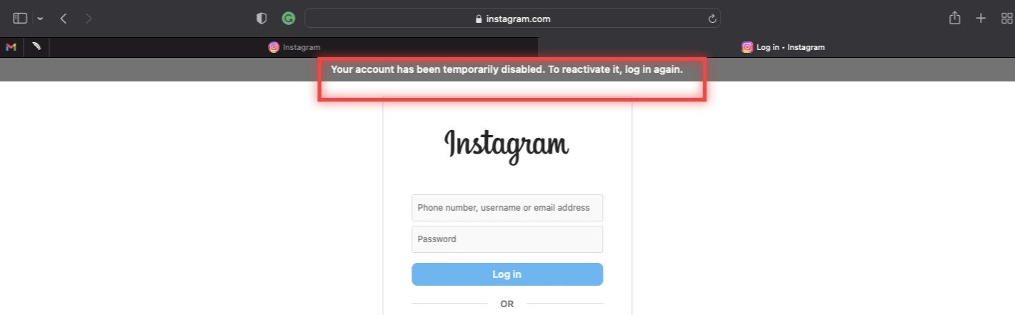 Instagram temporarily disabled account