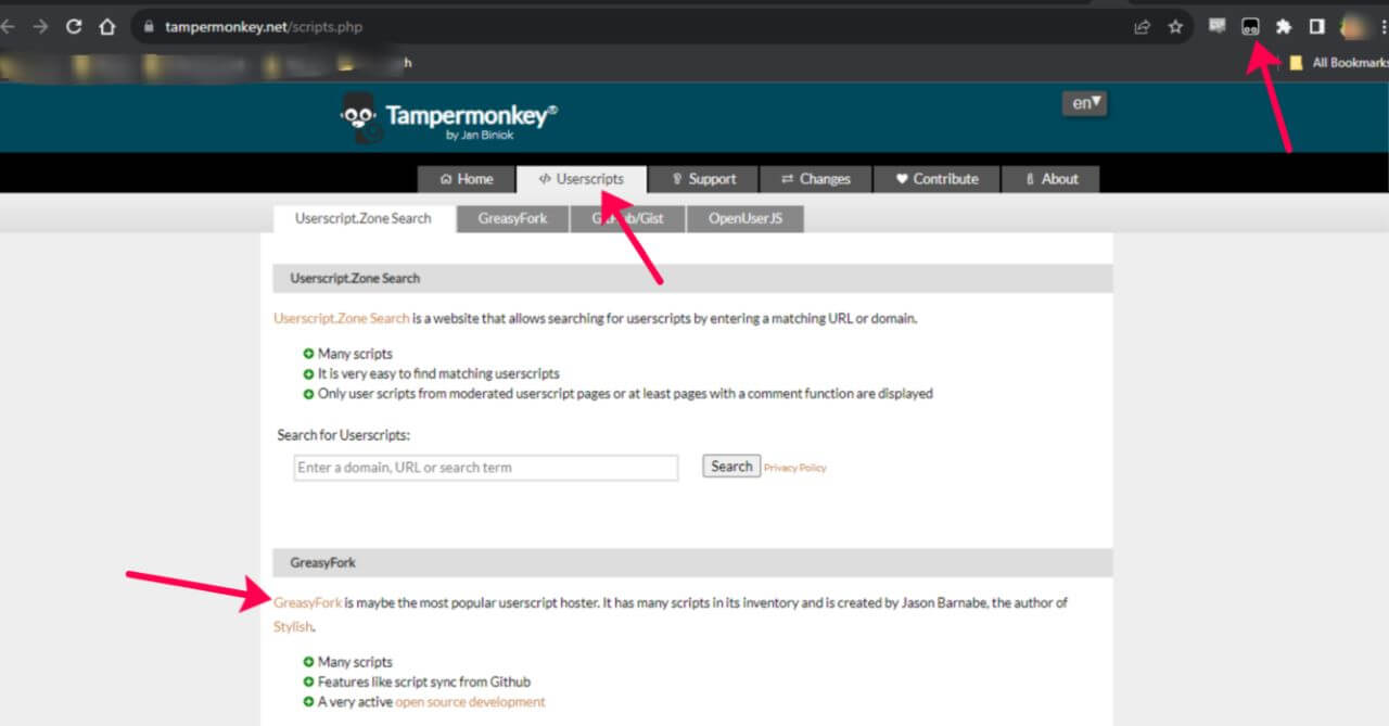 Tamper Monkey Manager page