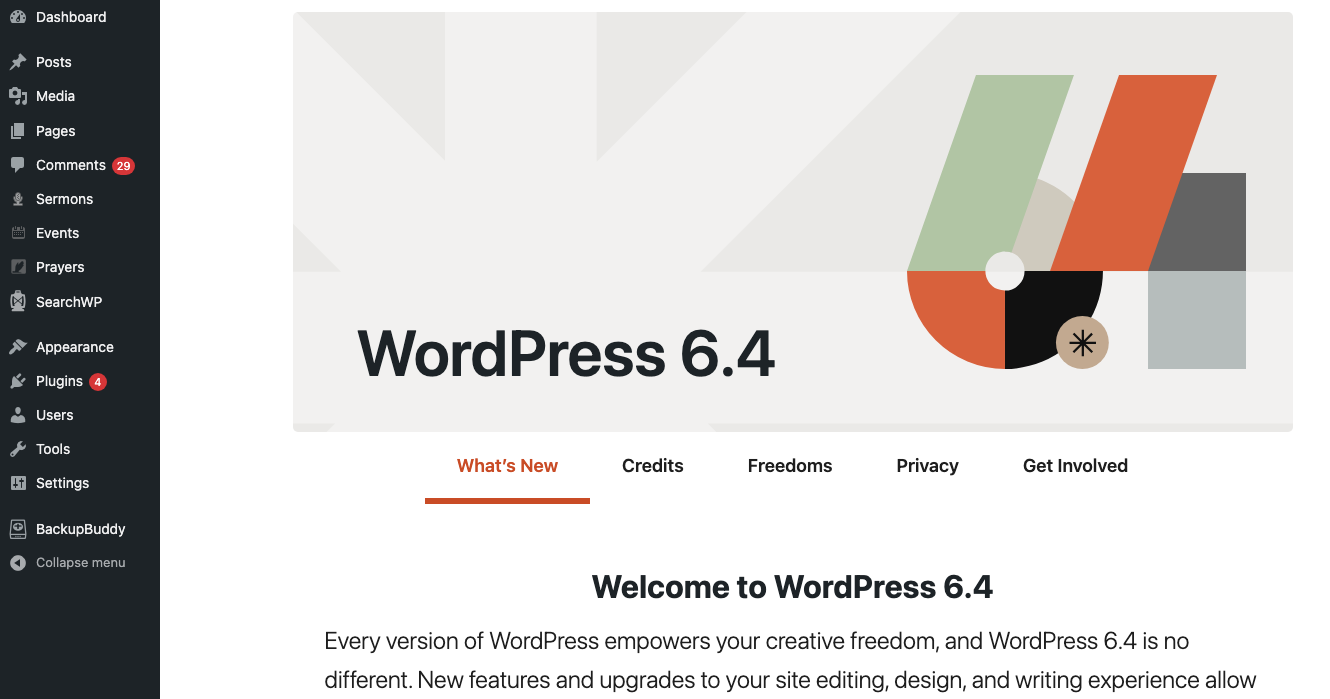 WordPress 6.4 welcome screen