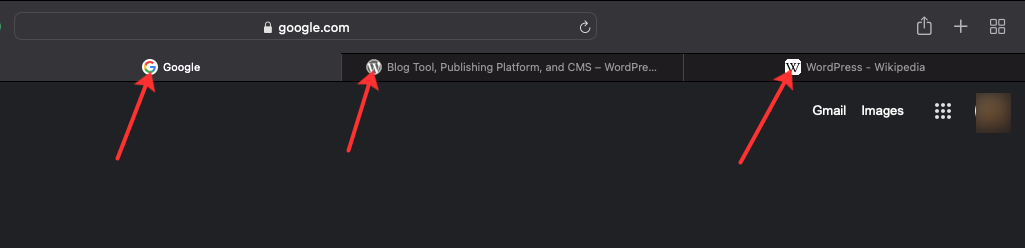 Different tabs showing favicons