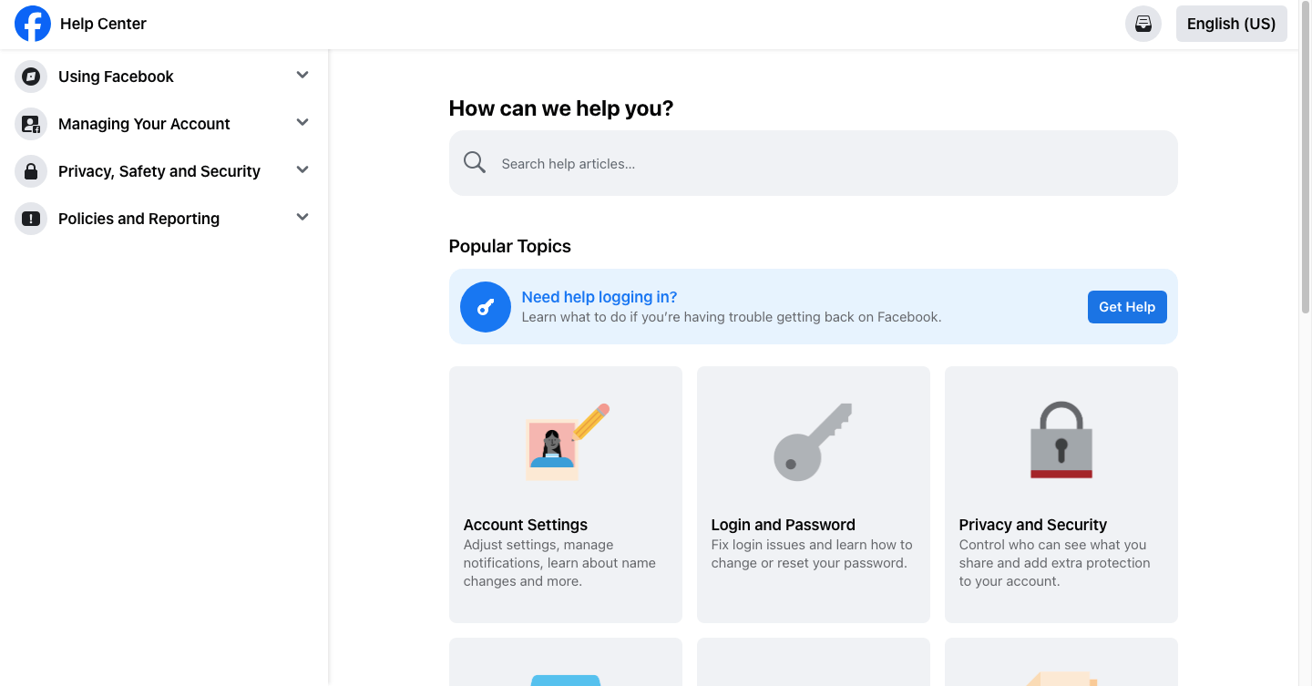 Facebook help center not logged in