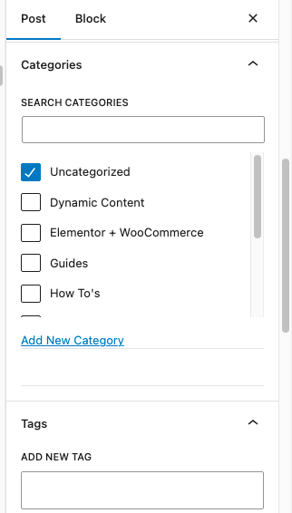 WP Categories section