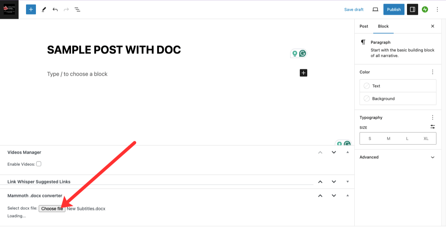 Choose docx to upload to wordpress