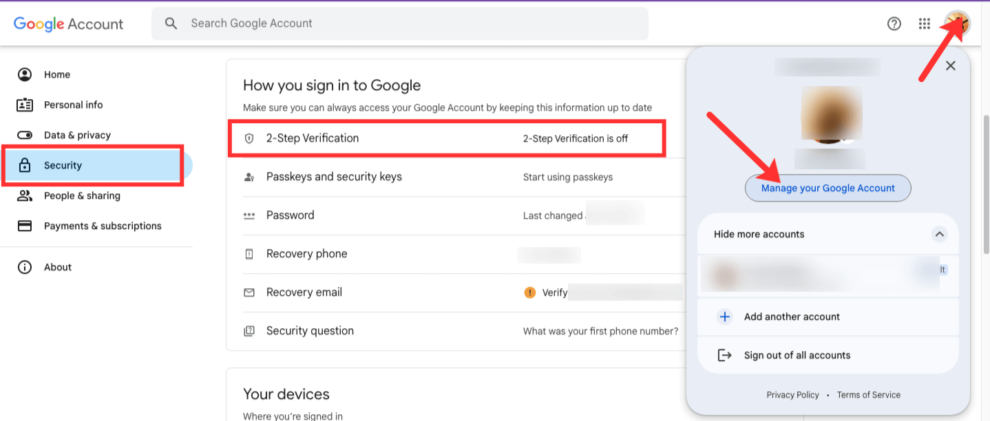 Google 2 step verification settings