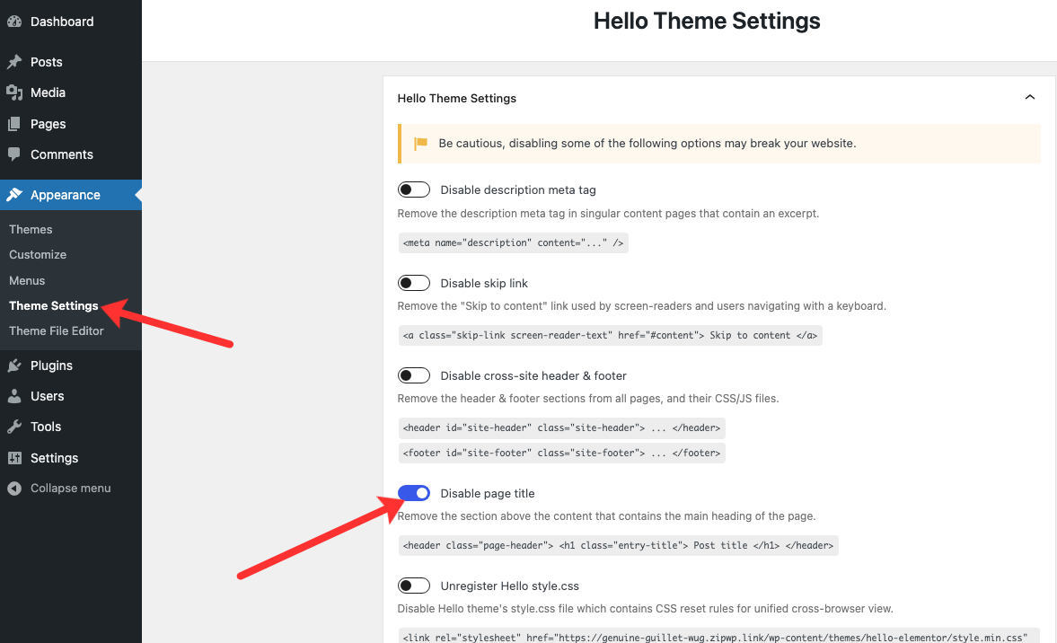 Disable page titles under Hello theme settings